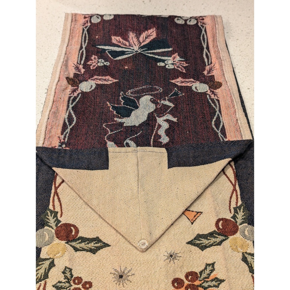 Christmas Tapestry‎ Table Runner 54 x 12 Angels Holly Bow Beige Blue Gold Tassel - Picture 4 of 7